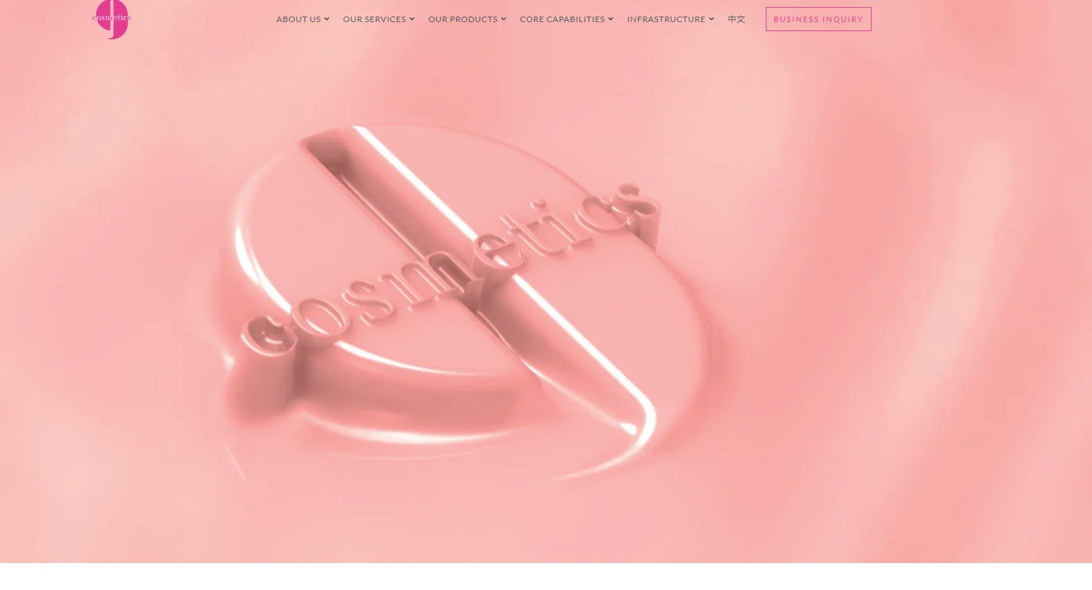 Pink cosmetics logo embossed on a smooth pink surface with webpage navigation top menu.